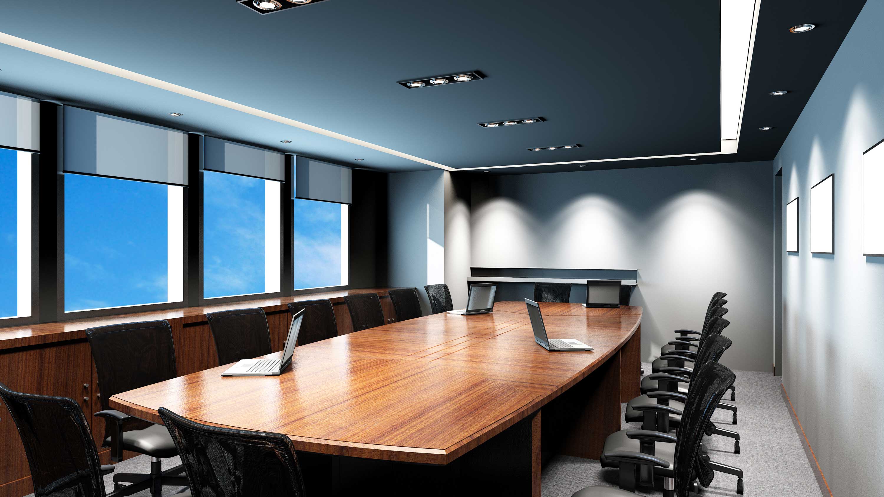 conference room, blue sky, wooden table, blue grey walls