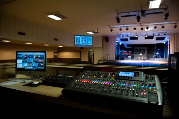 Sound mixing view for stage with blue lights