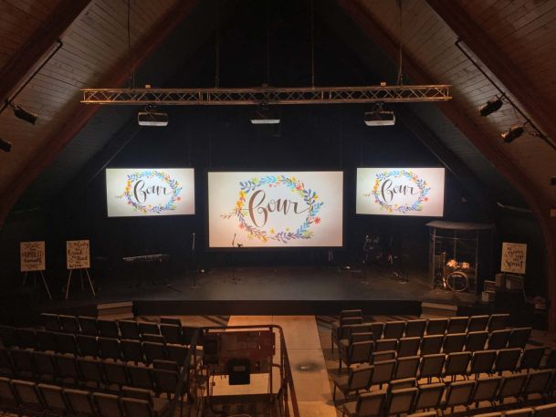 View of three screens in auditorium