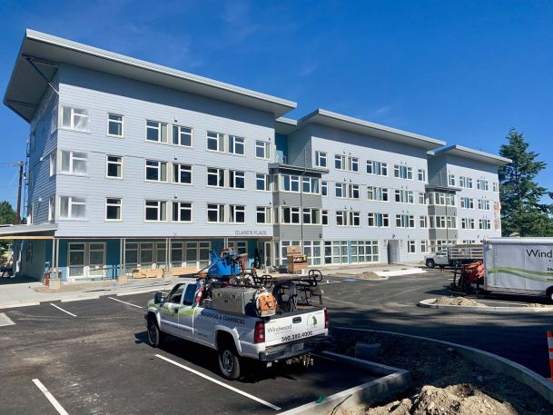 View of apartment building, construction in progress